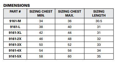Short Sleeve Class 2 T-Shirt Size Chart